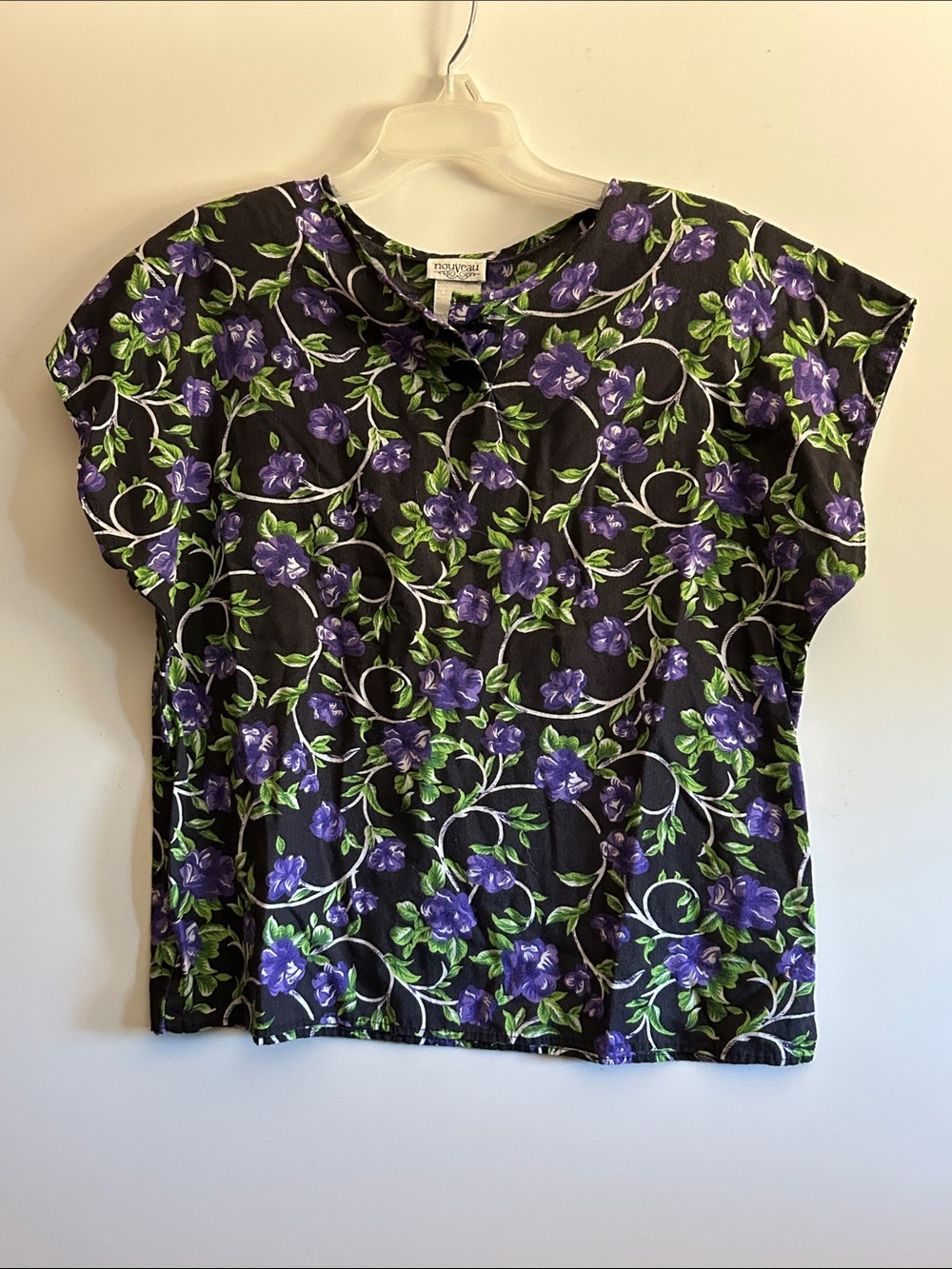 Vintage Nouveau Black Purple Green Floral Print Pullover Blouse Size Large